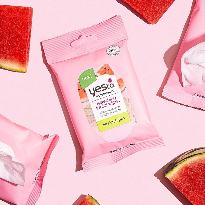 Yes To Watermelon Refreshing Facial Wipes, Hydrating Formula That Removes Dirt, Oil & Grime, Leaves Skin Refreshed & Brighter, Aloe, Natural, Vegan & Cruelty Free, 10 Count (8036110)