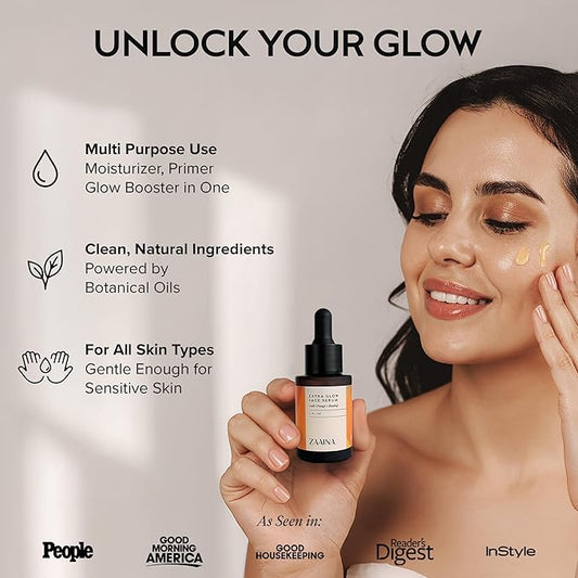 ZAAINA Extra Glow Face Serum – Hydrating Face Oil for Dry, Dull & Sensitive Skin – Lightweight Moisturizer & Natural Primer for Makeup – With Rosehip Oil, Pumpkin Seed & Vitamin E – 1oz Bottle