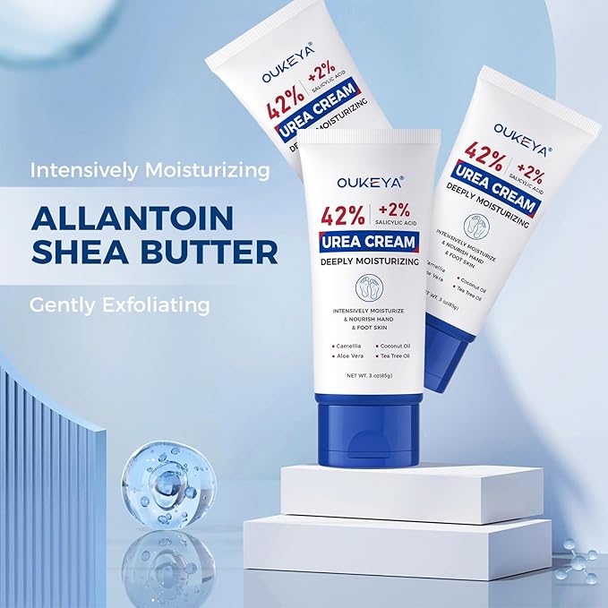 OUKEYA Urea Cream 42 Percent with 2% Salicylic Acid Tube 3 Oz, Foot & Hand Cream for Dry Cracked, 40 per Urea Lotion for Feet Maximum Strength, 3 Pack