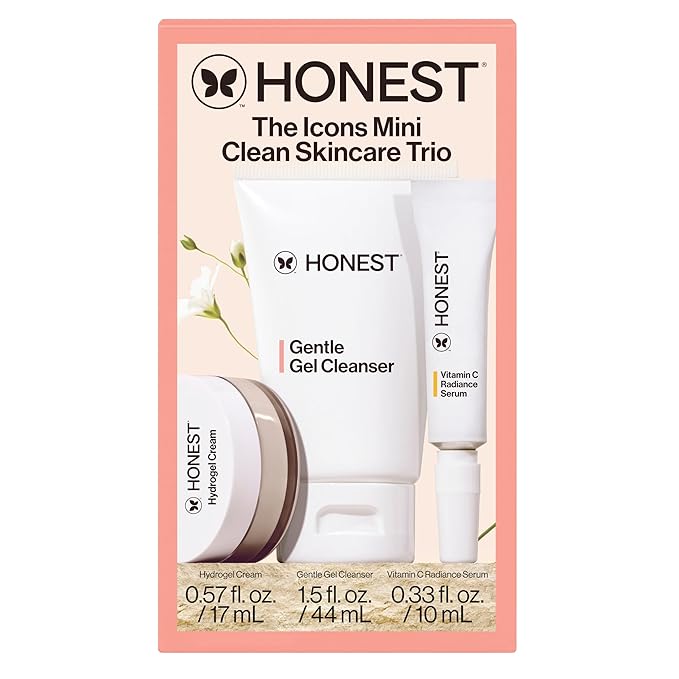 Honest Beauty The Icons Skincare Trio Travel Kit | Mini Hydrogel Cream, Gentle Gel Cleanser, Vitamin C Radiance Serum | Gentle for Sensitive Skin + Vegan