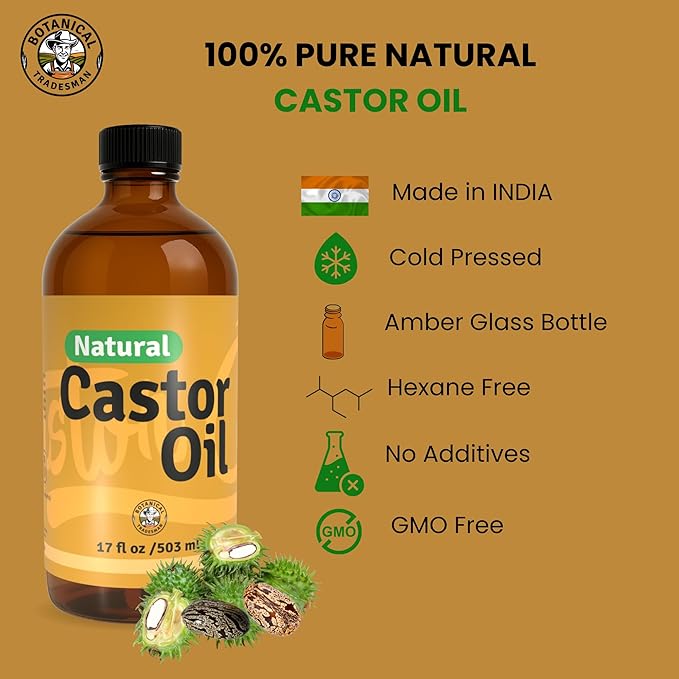 Organic Castor Oil (17 oz) Glass Bottle-100% Pure, Cold-Pressed, Hexane-Free, with 2 Resuable Organic Cotton Flannel Pack Wraps and Mascara Container for Skin, Hair, Eyelash's Eyebrow's & Body