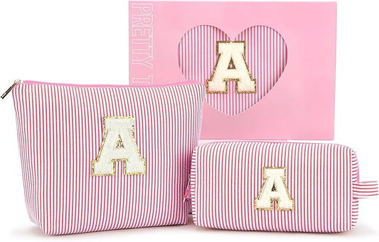 2 PCS Initial Makeup Bags for Women: Cosmetic Bag for Travel Toiletry - Birthday Gifts for 11 12 13 14 15 16 17 18 Years Old Girl Graduation Teacher Gift- Teen Girl Gifts Trendy Stuff - Pink O