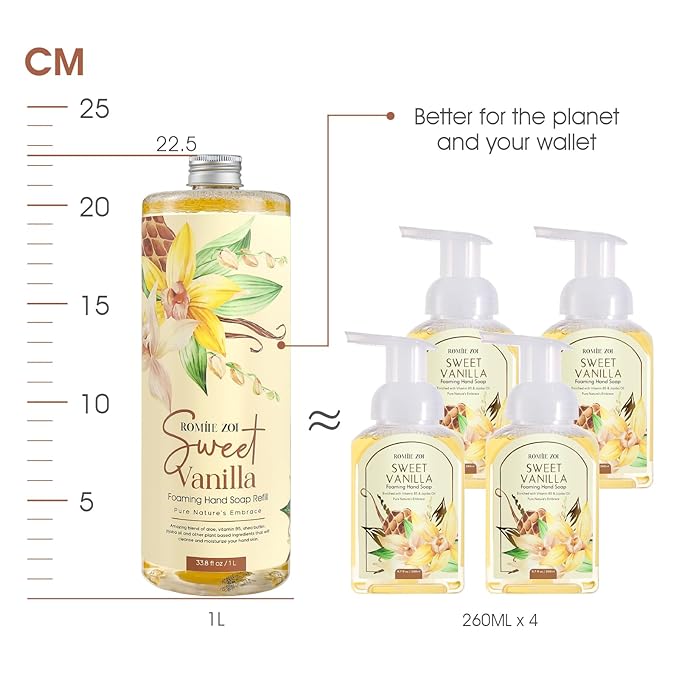 Foaming Hand Soap Refill Gift Set – Sweet Vanille Scent – 3 Pack (1000ML Each) with Dispenser, Gentle & Moisturizing Plant-Based Formula – Bulk Refill Bottles for Bathroom & Kitchen Use