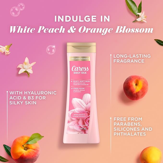 Caress Body Wash for Women, Daily Silk White Peach & Orange Blossom, Shower Gel Body Wash Moisturizing for Noticeably Silky, Soft Skin, 20 fl oz, 4 Pack