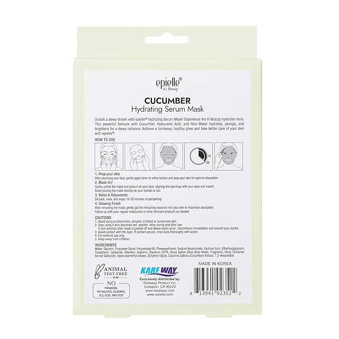Epielle Cucumber Hydrating Serum Sheet Masks (5pk) | Korean Skincare | Facial Sheet Mask | Kbeauty, Spa Gifts for Women