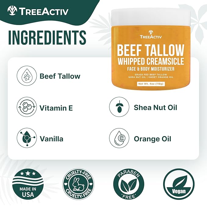 Beef Tallow Face Cream Body Moisturizer, All Natural Grass Fed Whipped Beef tallow For Skin, Deeply Hydrating & Nourishing Balm for Eczema Cracked Dry Itchy Irritated Skin Repair Skincare 4 fl oz