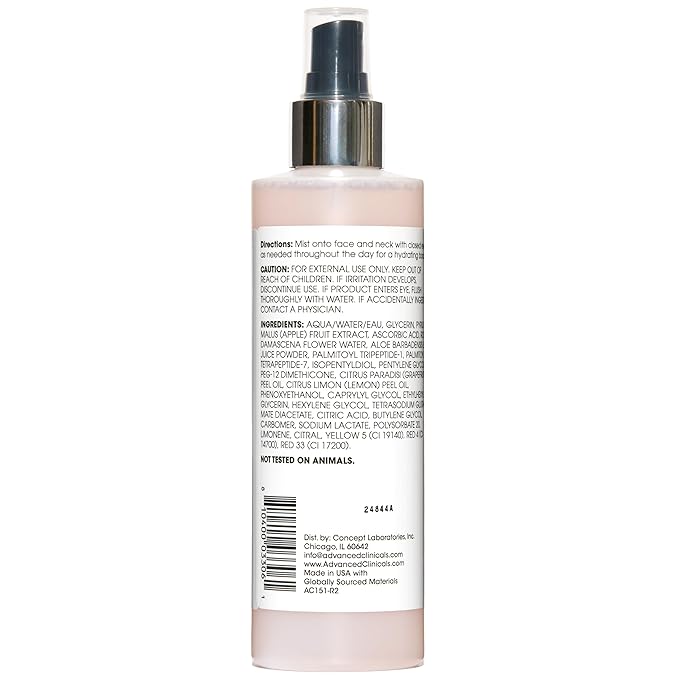 Advanced Clinicals Vitamin C Glow Facial Mist Toner for Face W/Rosewater, Ferulic Acid, & Peptides. Vitamin C Antioxidant Moisturizer Face Mist Provides Instant Skin Hydration, Non-Greasy, 8 Fl Oz