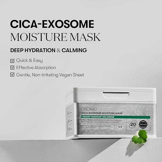 VT COSMETICS Cica-Exosome Moisture Mask 20 Sheets, Centella Asiatica & Hyaluronic Acid with Exosomes for Deep Hydration & Calming, Biodegradable Vegan Sheets, Korean Face Mask