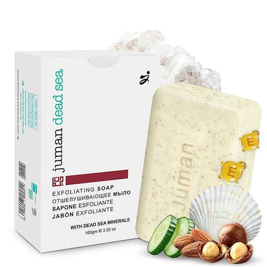 JUMAN Dead Sea Minerals Exfoliating Bar Soap | SLS & Paraben Free | Infused with Plant Extracts | Vitamin E | Removes Dirt and Oil | Daily Use Bar | 4oz (Pack of 1)