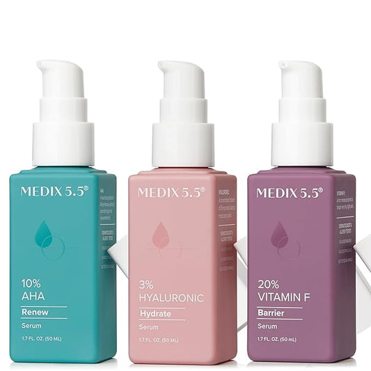 Medix 5.5 Anti Aging Body & Face Serum 3PC Bundle, 10% AHA Exfoliating Serum + 3% Hyaluronic Acid Hydrating Serum + 20% Vitamin F Oil Body Booster & Facial Serum For Daily Skin Care Routine