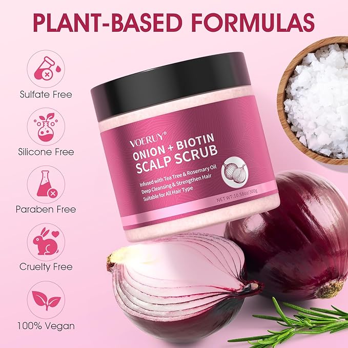 Scalp Scrub, Onion Scalp Exfoliator Shampoo, 2-in-1 Scalp Treatment with Biotin, Hair Treatment to Clarify and Remove Build Up, 10.6oz/300g