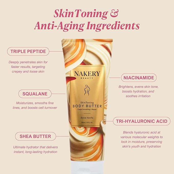 Nakery Skin Toning Body Butter for Women - Firming Body Lotion for Women - Peptide Infused Body Lotion for Crepey & Sagging Skin - Firming Lotion for Neck, Arms & Legs - Dulce Vanilla