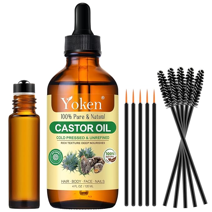 Castor Oil EWG Verified 4oz Glass Bottle - 100% Pure, Cold Pressed, Hexane Free, Virgin Caster Oils for Face, Eyelash, Eyebrow, Hair - with Lash Starter Kit & Empty Roller Ball Bottle