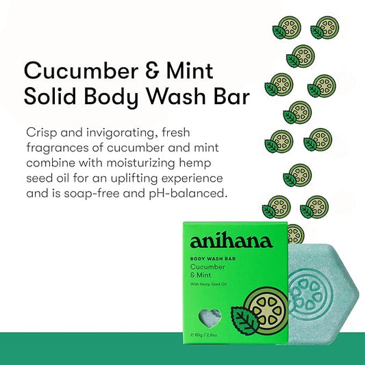 ANIHANA Body Wash Bar with Coconut Oil and Hemp Seed Oil, Soap Free, Moisturizing, Gentle, Soft Skin Care, Refreshing Cucumber & Mint Scent 2.8 Oz