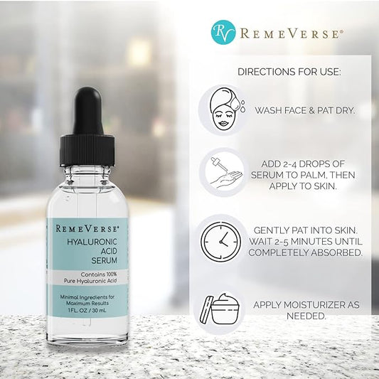 RemeVerse Hyaluronic Acid Serum - 100% Pure Formulation for Face, Lips & Décolleté - Intense Moisture for Dry Skin & Fine Lines - Wrinkle-Reducing Formula for a Youthful & Plump Appearance, 1 oz