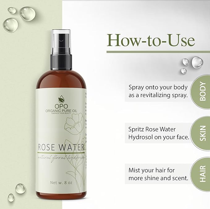 8oz Rose Hydrosol Water - 100% Pure Rose Hydrosol Cleanser - Hydrating Facial Toner Rose Water for Skin Face and Hair, Linen for Sheets, Room Freshener, Body Fragrance by Organic Pure Oil