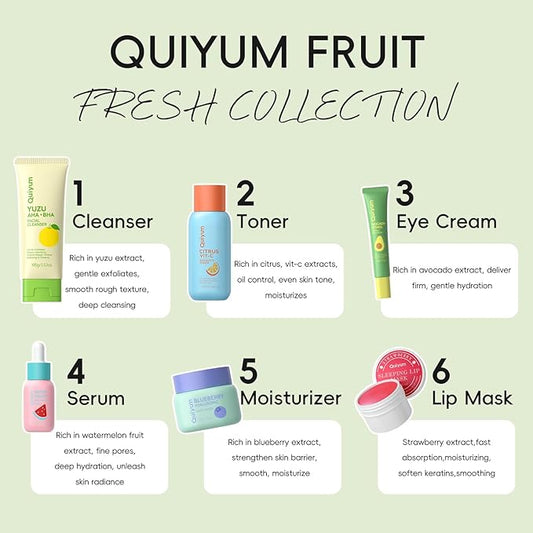 Fruit Skin Care Kit for Girls Teen, 6 Daily Routine Beauty Skincare Sets- Gift Set with Facial Cleanser, Vit-C Toner, Eye Cream, Hyaluronic Acid Cream, Serum, Lip Mask, Face Care Set for Travel