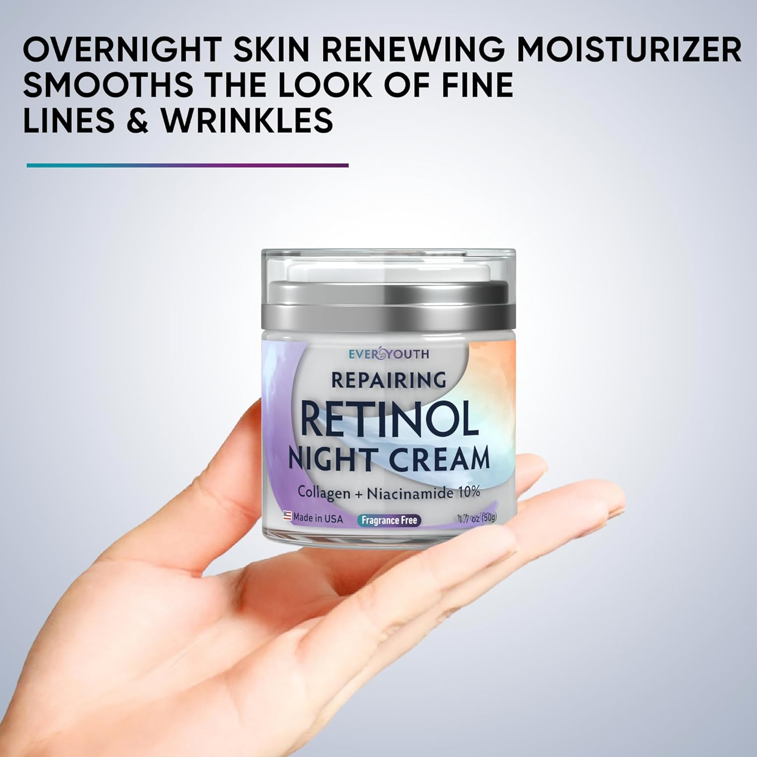 Retinol Night Cream for Women – Anti-Aging Face Moisturizer with Collagen & Niacinamide – Hydrating Overnight Facial Cream for Wrinkles, Fine Lines & Dark Spots – Made in USA, 1.7oz