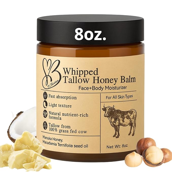 Beef Tallow for Skin- Tallow Balm for face- Tallow Face Moisturizer - Beef Tallow Moisturizer- Tallow and Honey Balm - Grass Fed Beef Tallow For Skin - Tallow Face Cream Lotion (8.0 oz)