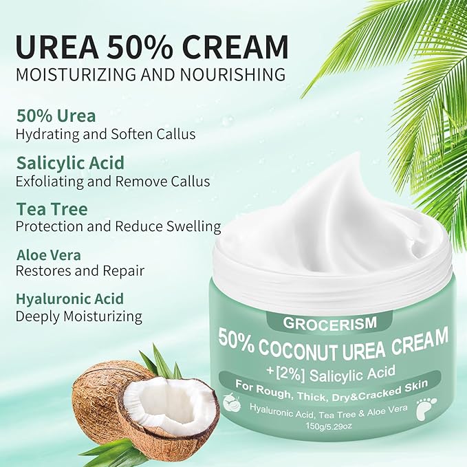 Grocerism Urea Cream 50 Percent for Feet with Coconut 5.29 oz || Foot & Hand Cream Maximum Strength with 2% Salicylic Acid, Tea Tree and Aloe Vera for Deep Moisturizing and Callus Removing