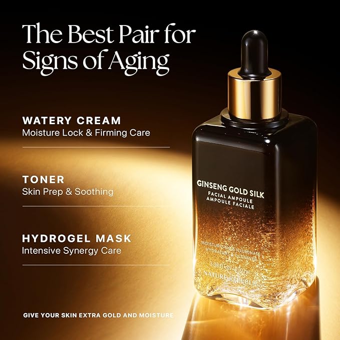 Nature Republic Ginseng Gold Silk Facial Ampoule, Hydrating moisturizer for face, Niacinamide & Silk Amino Acid, Royal Jelly Extract, Korean Skin Care for all skin types 100 ml / 3.38 Fl. oz.