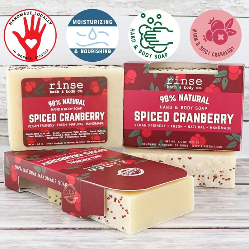 Rinse Bath & Body Spiced Cranberry Soap - Handmade Castile Soap | Naturally Moisturizing Bar Soap | Shea & Cocoa Butter | Essential Oils | Natural Soap | Vegan | Gluten Free | 4.25oz