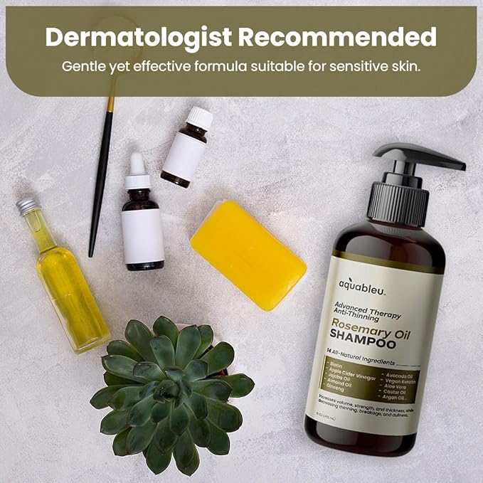 Aquableu Advanced Therapy Anti-Thinning Rosemary Oil Shampoo with 14 All-Natural Ingredients for Volume, Strength, and Thickness (16oz)