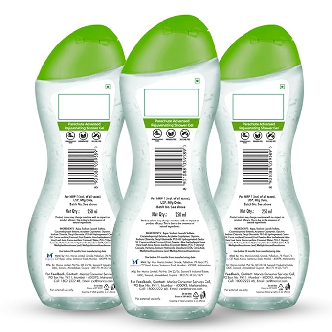 Parachute Advansed Rejuvenating Body Wash | Hydrating Aloe Vera & Coconut Water | Soap-Free, Paraben-Free | Protects Skin Barrier | 8.4 Fl Oz (Pack of 3)