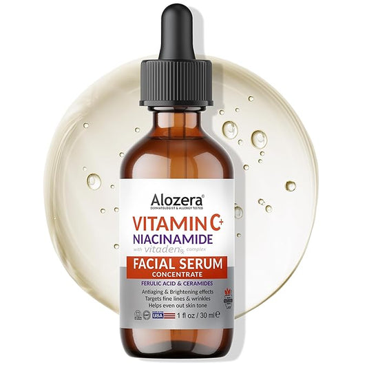 Alozera Vitamin C Facial Serum with Niacinamide & Ferulic Acid, Anti-Aging Serum for Visible Brightening, Glowing & Radiant Skin, Concentrated, Gentle & Effective, Day & Night