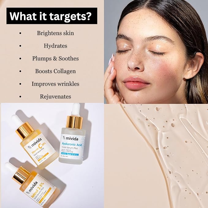 Mivida Anti-Aging Serum Trio| 20% Vitamin C + Hyaluronic Acid + 2.5% Retinol Serums For Face | Brightening, Firming & Hydrating Skincare Set | Reduces Wrinkles, Fine Lines & Dark Spots, 3x1floz