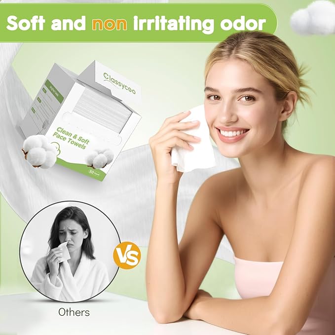 Classycoo XL Disposable Face Towel, 100% Cotton Ultra-Soft for Sensitive-Skin Facial Wipes Cleansing Towels, Odor-Free, Makeup Remover Cloths for Travel, Home Hand Dry Wipe(50 Count)