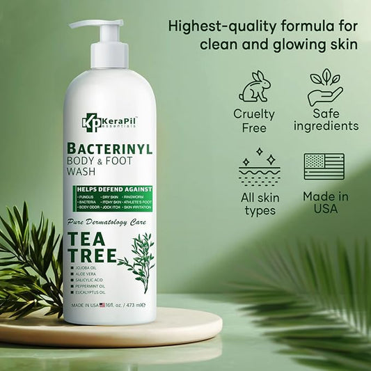 Bacterinyl Tea Tree Oil Body Wash - Antibacterial & Antifungal Support for Ringworm, Body Odors, Athlete’s Foot & Acne, Helps Soothe Itchy, Dry Skin - Made in USA (16 fl oz)