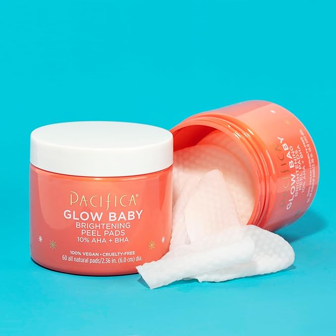 Pacifica Glow Baby Brightening Peel Pads 10% AHA + BHA Exfoliating Face Pads for Glowing Skin Resurfacing Glycolic Acid & Salicylic Acid Pad to Smooth Texture & Minimize Pores Fragrance Free 60 Count