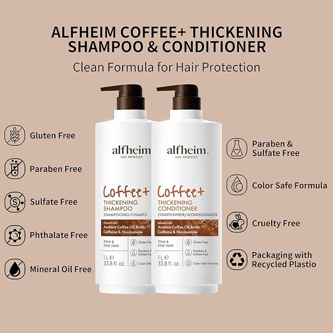 Alfheim Caffeine Infused Shampoo and Conditioner Set | Caffeine, Keratin & Niacinamide | Fortifies Fragile Hair & Control Scalp Balance | Sulfate-Free for Fine & Color Treated Hair | 33.8 Oz Each