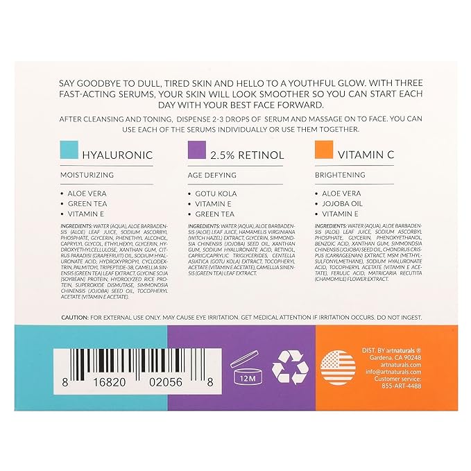 artnaturals Anti-Aging-Set with Vitamin-C Retinol and Hyaluronic-Acid - (3 x 1 Fl Oz / 30ml) Serum for Anti Wrinkle and Dark Circle Remover â€“ All Natural and Moisturizing,1 Fl Oz (Pack of 3)