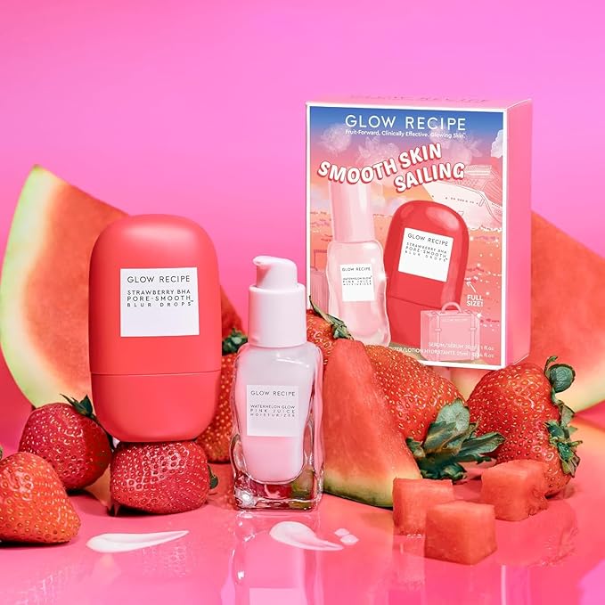 Glow Recipe Smooth Skin Sailing Skincare Set - Watermelon Glow Pink Juice Facial Moisturizer + Silicone-Free BHA Strawberry Pore Minimizer Blurring Drops (2 Count)