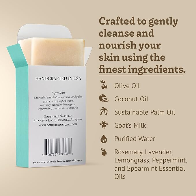 Southern Natural Goat Milk Soap Bar – Spa Fusion Essential Oil Blend – Gentle Handmade Soap for Dry, Sensitive Skin – All-Natural Face & Body Soaps, 4 oz (1 Bar)