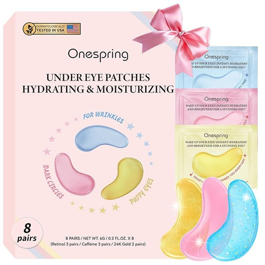 Eye Masks (8 Pairs) - 24K Gold, Caffeine and Retinol Under Eye Patches, Gel Pads for Wrinkles, Puffiness & Dark Circles, Bachelorette Party Favors, Self Care, Birthday Gifts for Women