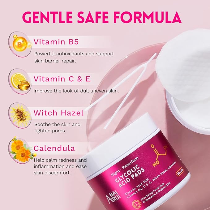 ANAI RUI Glycolic Acid Peel Pads 35% AHA Resurfacing Facial With Vitamins B5, Witch Hazel, Calendula - Exfoliating for Face Dark Spots and Reduces Fine Lines - 80 Pads