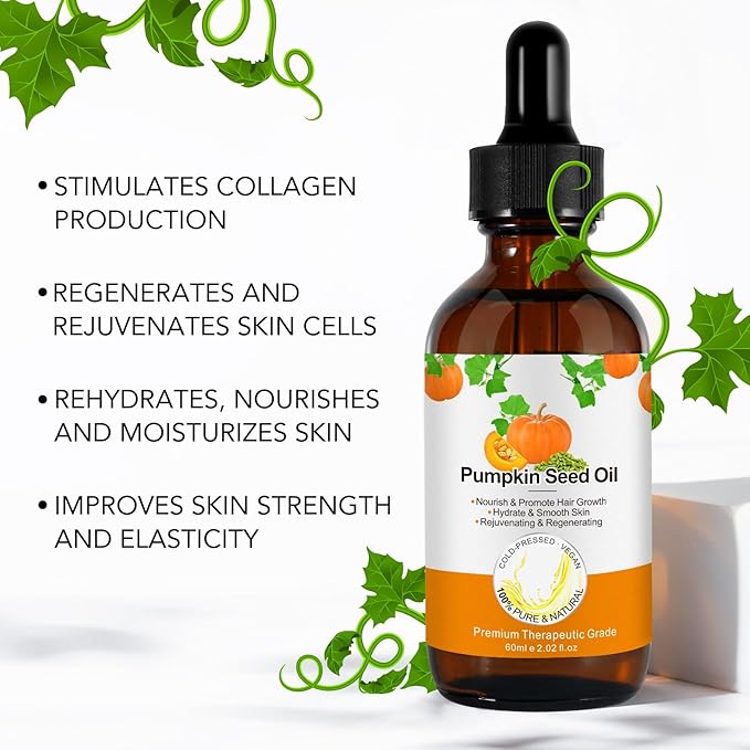Pumpkin Seed Oil for Hair Growth 2.02 fl.oz, 100% Natural Pure Cold Pressed Pumpkin Oil for Face, Dry Damaged Hair Growth, Moisturizing Scalp Nourishment Strengthen Hair Thickness for Skin and Body