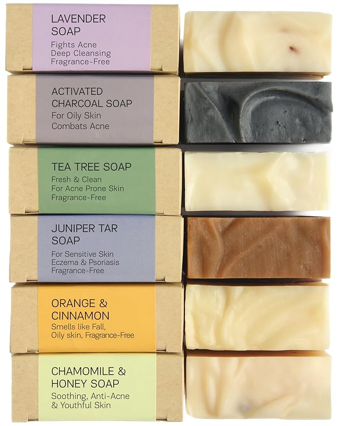 AUTHENTIC BATH & SOAP Natural Bar Soap Set for Oily Skin – Handmade, Acne Oil Control, Odor-Fighting (6-Pack): Tea Tree, Pine Tar, Orange & Cinnamon, Lavender, Activated Charcoal, Honey & Chamomile