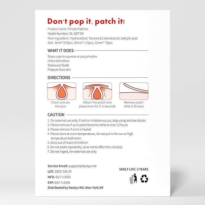 Pimple Patches for Face, 3 Size 510 Counts Hydrocolloid Acne Patches for Covering Zits and Blemishes, Spot Stickers with Salicylic Acid, Tea Tree Oil & Calendula Oil(8mm,10mm,12mm)