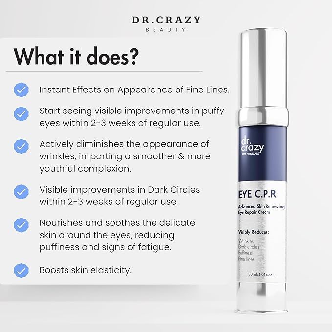 Dr Crazy Eye CPR Repairing Under Eye Cream for Dark Circles, Puffiness & Bags Under Eyes – Caffeine Serum for Wrinkles, Fine Lines – 30ml