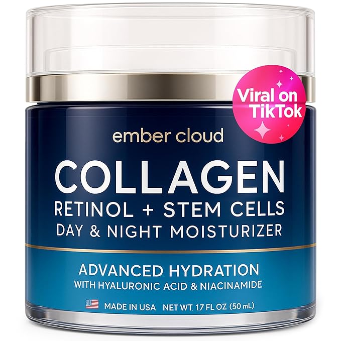 Collagen Face Cream with Stem Cells Retinol Hyaluronic Acid Niacinamide for All Skin Types - Anti-Aging Face Moisturizer with Airless Pump - Day & Night Cream for Wrinkles - Made in USA 1.7 Oz