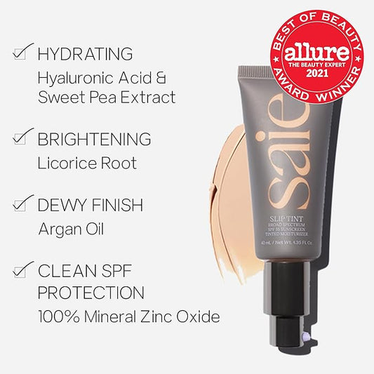 Saie Slip Tint Tinted Moisturizer with SPF 35 - Light Coverage, Glowy Skin Tint & Mineral Sunscreen for Face with Hydrating Hyaluronic Acid - Summer Makeup Essential - Shade Four (1.35 oz)