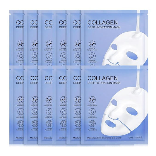 collagen mask,face masks skincare Firming Collagen Mask with Collagen Peptides for Anti-Aging,Facial Hydrogel Masks with low molecular weight collagen for elasticity and moisturizing 12pcs