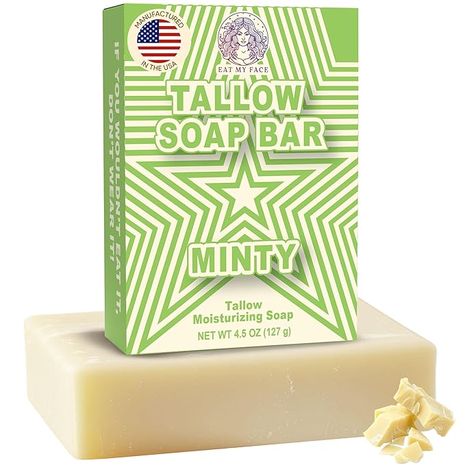 Beef Tallow Soap Bar Grass Fed – Organic Body Soaps, Face Tallow Soap Bar for Women – All Natural Soaps for Sensitive Skin, Moisturizing & Nourishing Cleanser for All Skin Types, In Minty Scent