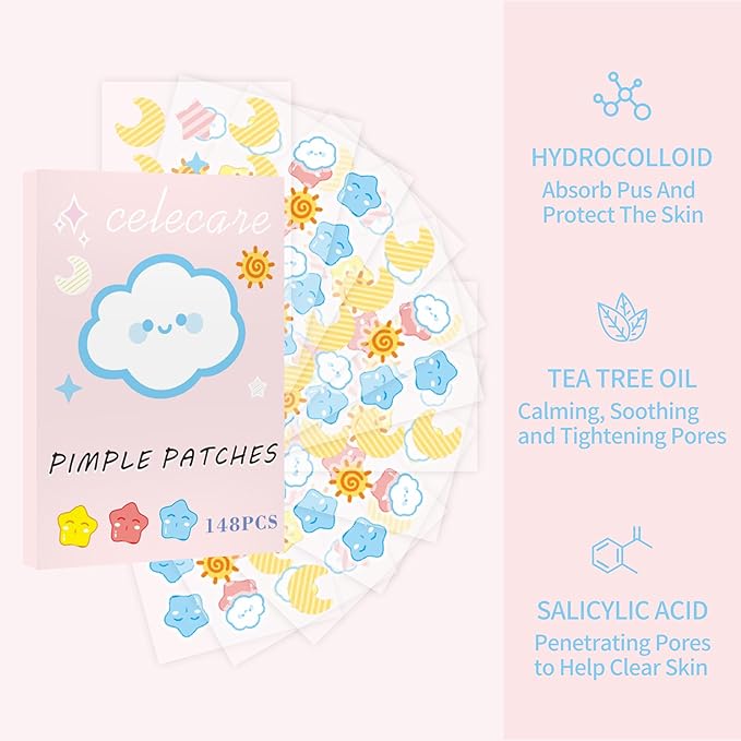 Pimple Patches,Pimple Patches for Face,Hydrocolloid Acne Patches, Pimple Patch Cute, Salicylic Acid &Tea Tree Oil,8 Unique Acne Patch Designs,148 Count