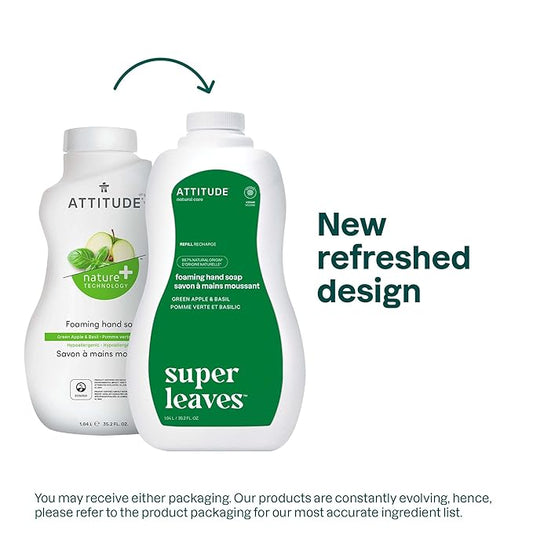 ATTITUDE Foaming Hand Soap, EWG Verified, Plant and Mineral-Based Ingredients, Vegan and Cruelty-free Personal Care Products, Green Apple & Basil, Bulk Refill, 35.2 Fl Oz