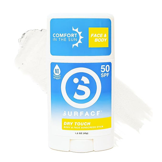 Surface Sunscreen Stick SPF 50 for Face and Body, Broad Spectrum UVA UVB Sun Protection for Kids and Adults, Non Greasy, Travel Friendly, Water Resistant for 80 Minutes, Fragrance Free, 1.5oz